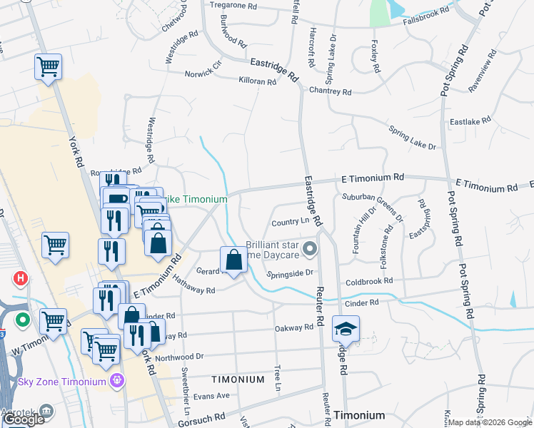 map of restaurants, bars, coffee shops, grocery stores, and more near 148 Springside Drive in Lutherville-Timonium