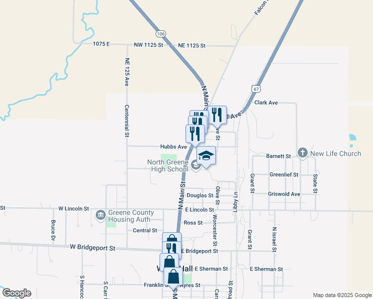 map of restaurants, bars, coffee shops, grocery stores, and more near 654 North Main Street in White Hall