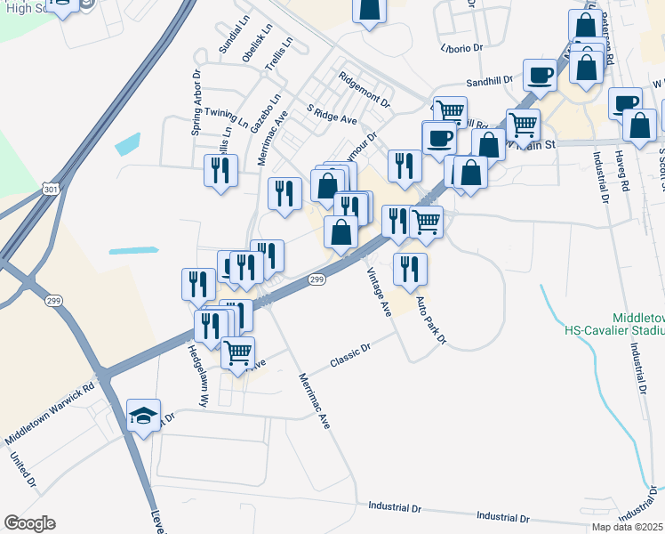 map of restaurants, bars, coffee shops, grocery stores, and more near Middletown Warwick Road in Middletown