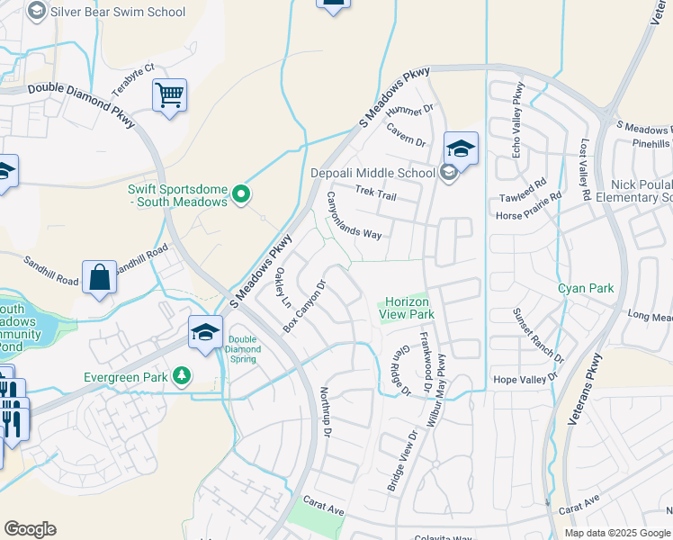 map of restaurants, bars, coffee shops, grocery stores, and more near 9625 Boulder Creek Lane in Reno