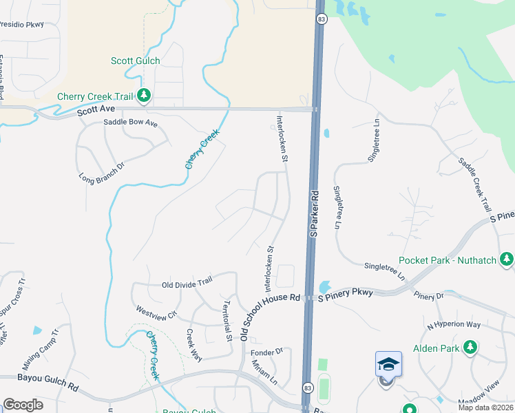 map of restaurants, bars, coffee shops, grocery stores, and more near 5694 Pinto Valley Street in Parker