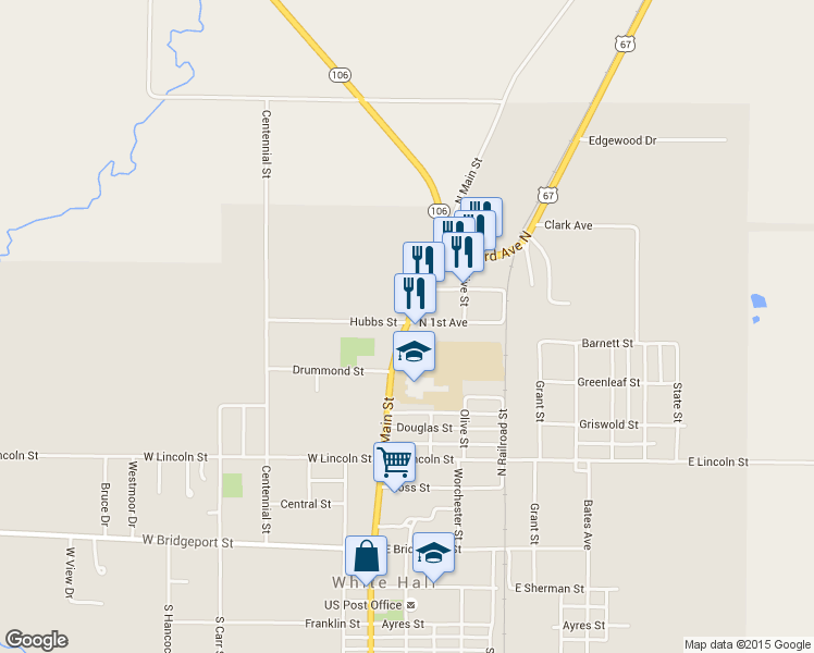map of restaurants, bars, coffee shops, grocery stores, and more near 654 North Main Street in White Hall
