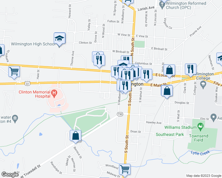 map of restaurants, bars, coffee shops, grocery stores, and more near 50 South Spring Street in Wilmington