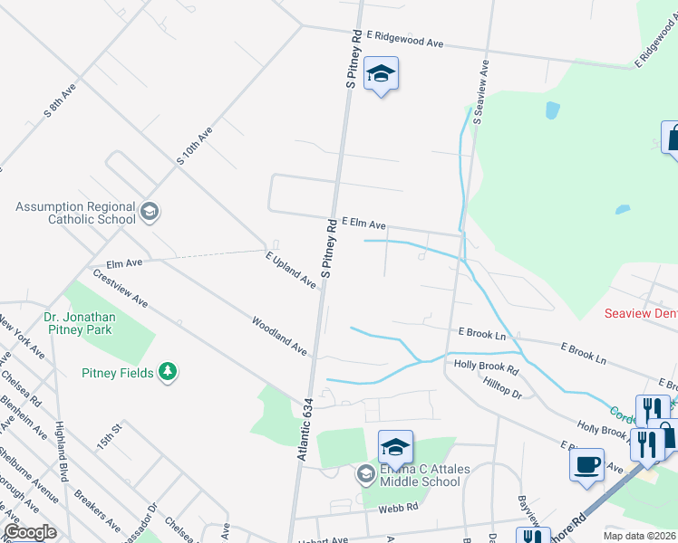 map of restaurants, bars, coffee shops, grocery stores, and more near 560 South Pitney Road in Galloway