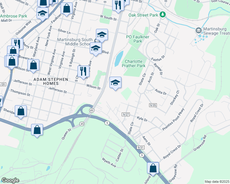 map of restaurants, bars, coffee shops, grocery stores, and more near 726 Hack Wilson Way in Martinsburg