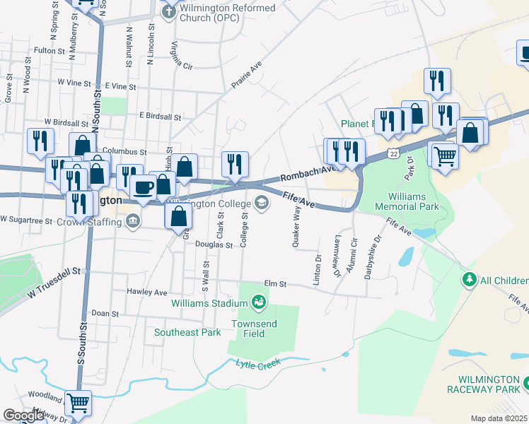 map of restaurants, bars, coffee shops, grocery stores, and more near 1870 Quaker Way in Wilmington