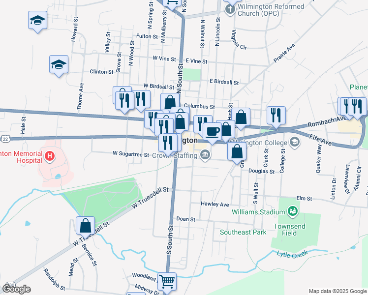 map of restaurants, bars, coffee shops, grocery stores, and more near 46 South South Street in Wilmington