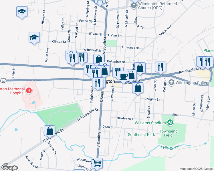 map of restaurants, bars, coffee shops, grocery stores, and more near 46 S South St in Wilmington