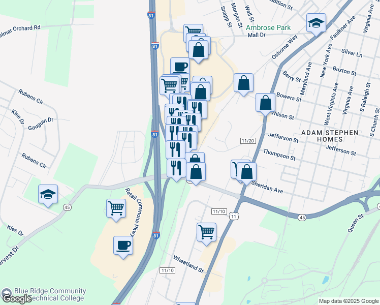 map of restaurants, bars, coffee shops, grocery stores, and more near 64 Kilbride Lane in Martinsburg
