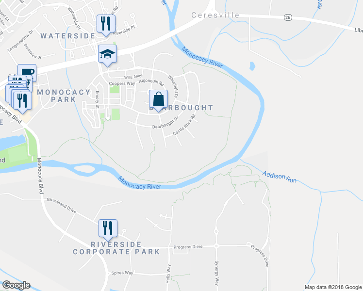 map of restaurants, bars, coffee shops, grocery stores, and more near 1808 Black Walnut Court in Frederick