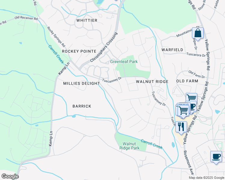 map of restaurants, bars, coffee shops, grocery stores, and more near 2594 Emerson Drive in Frederick