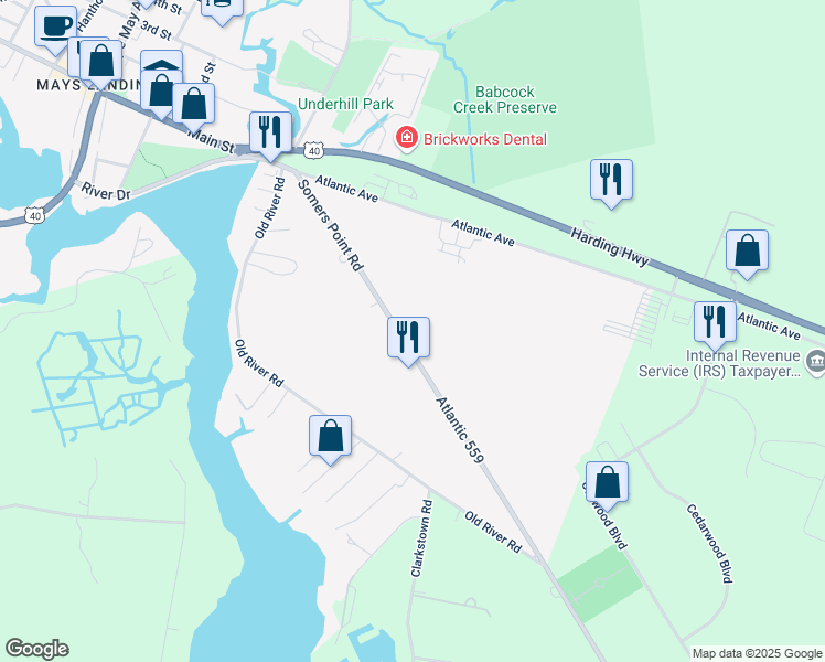 map of restaurants, bars, coffee shops, grocery stores, and more near 5416 Somers Point Road in Hamilton