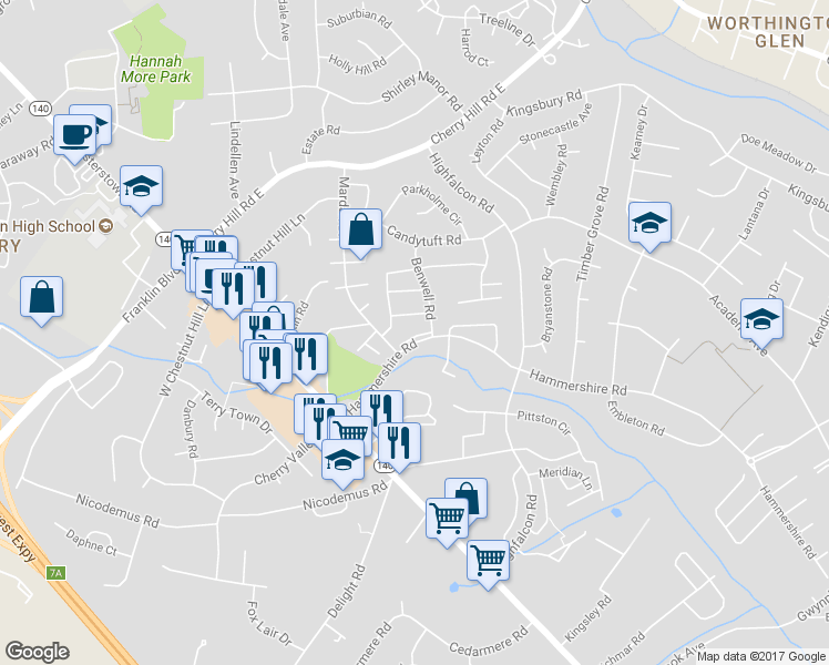 map of restaurants, bars, coffee shops, grocery stores, and more near 124 Hammershire Road in Reisterstown