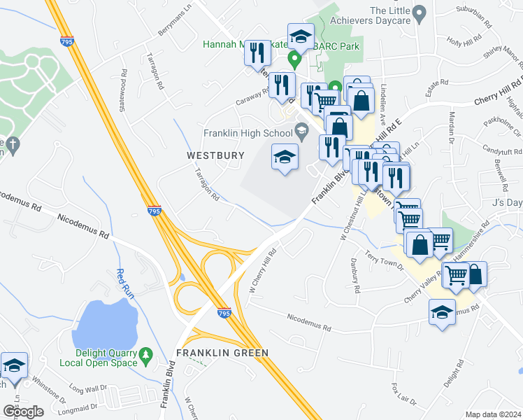 map of restaurants, bars, coffee shops, grocery stores, and more near 11905 Tarragon Road in Reisterstown
