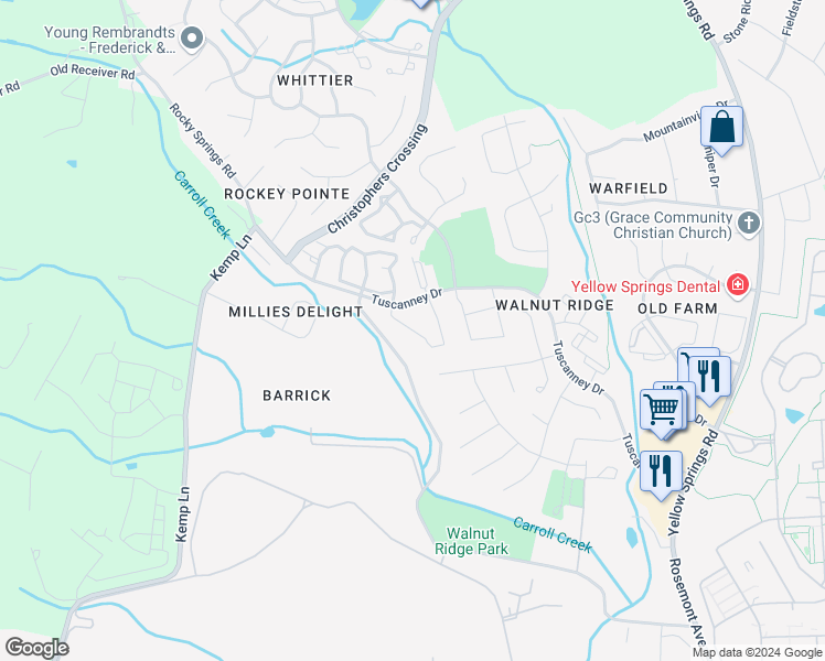 map of restaurants, bars, coffee shops, grocery stores, and more near Emerson Drive in Frederick
