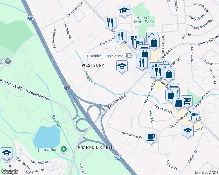map of restaurants, bars, coffee shops, grocery stores, and more near 11913 Tarragon Road in Reisterstown