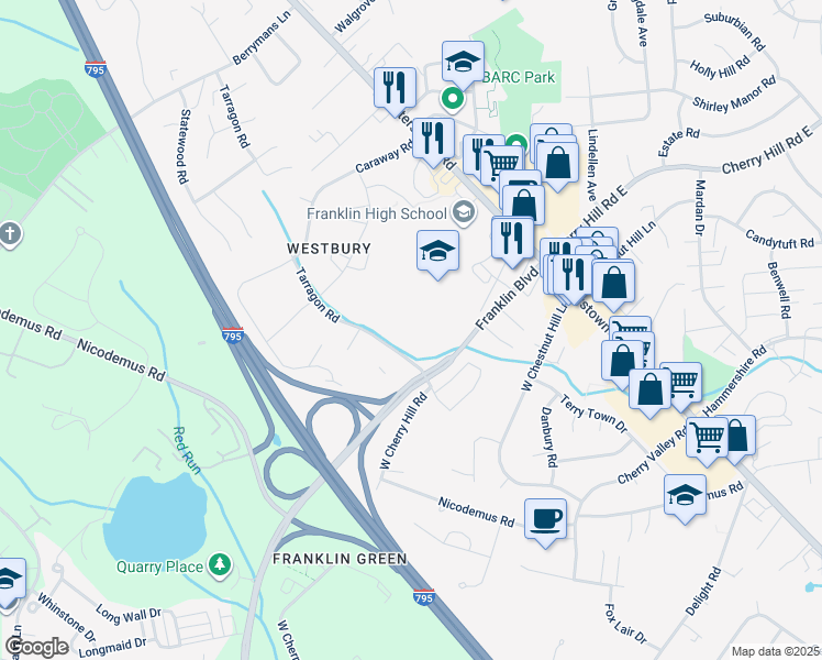 map of restaurants, bars, coffee shops, grocery stores, and more near 11907 Tarragon Road in Reisterstown