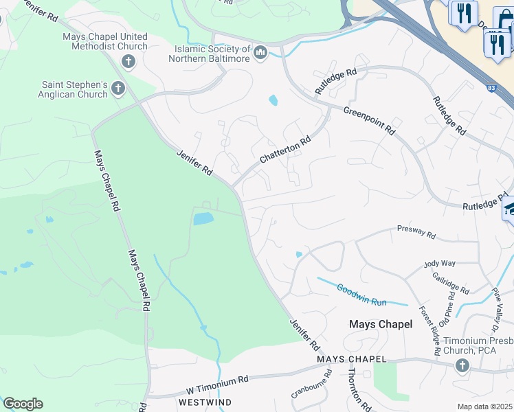 map of restaurants, bars, coffee shops, grocery stores, and more near 632 Oak Farm Court in Lutherville-Timonium