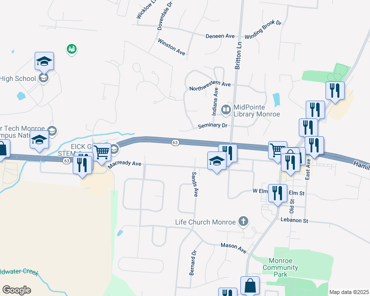 map of restaurants, bars, coffee shops, grocery stores, and more near 310 Seminary Drive in Monroe