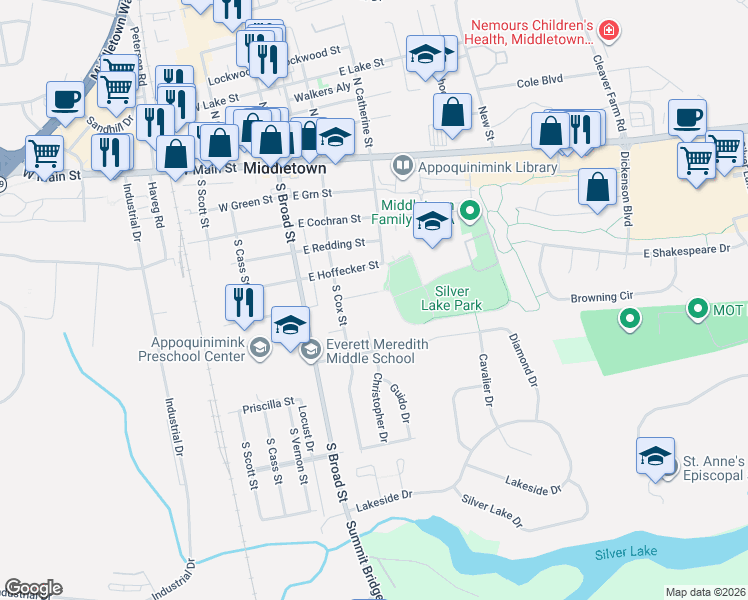 map of restaurants, bars, coffee shops, grocery stores, and more near 111 East Park Place in Middletown