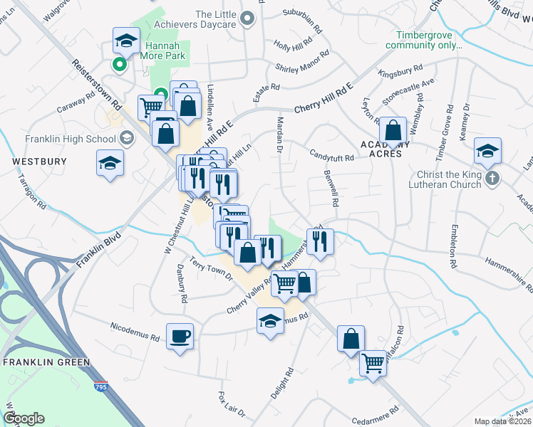 map of restaurants, bars, coffee shops, grocery stores, and more near 20 Roaches Lane in Reisterstown