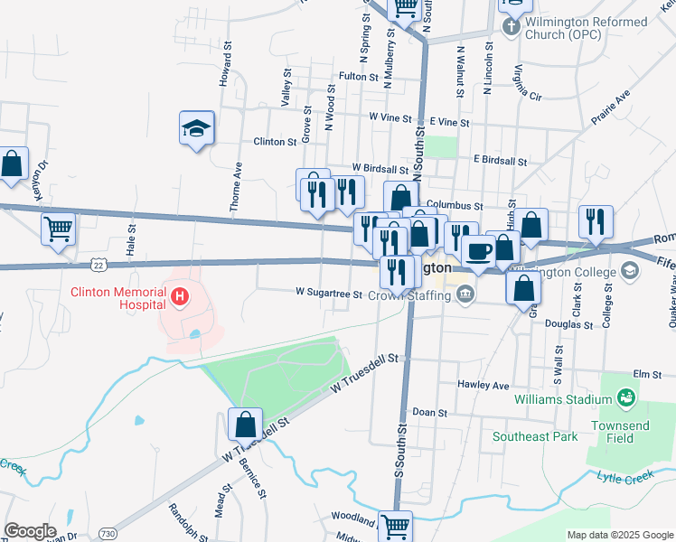 map of restaurants, bars, coffee shops, grocery stores, and more near 188 West Main Street in Wilmington