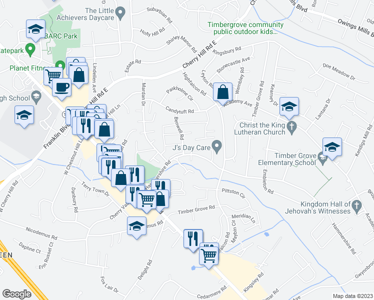 map of restaurants, bars, coffee shops, grocery stores, and more near 7 Benwell Road in Reisterstown