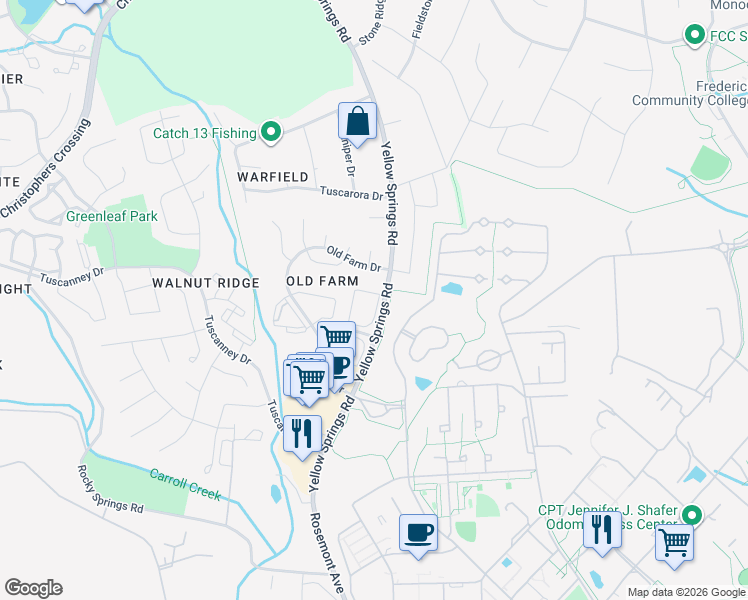 map of restaurants, bars, coffee shops, grocery stores, and more near 2135 Bristol Drive in Frederick