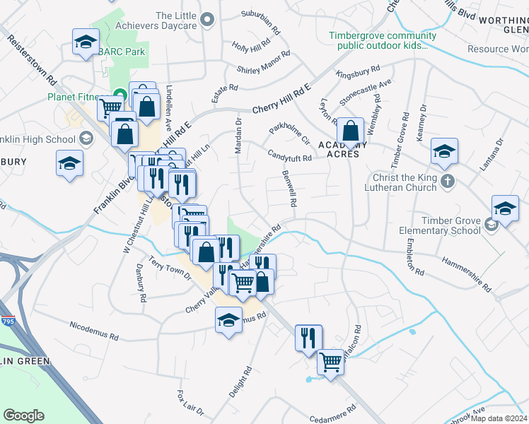 map of restaurants, bars, coffee shops, grocery stores, and more near 4 Ridgelawn Road in Reisterstown