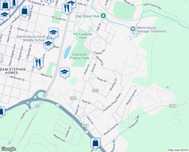 map of restaurants, bars, coffee shops, grocery stores, and more near 101 Boarman Place in Martinsburg