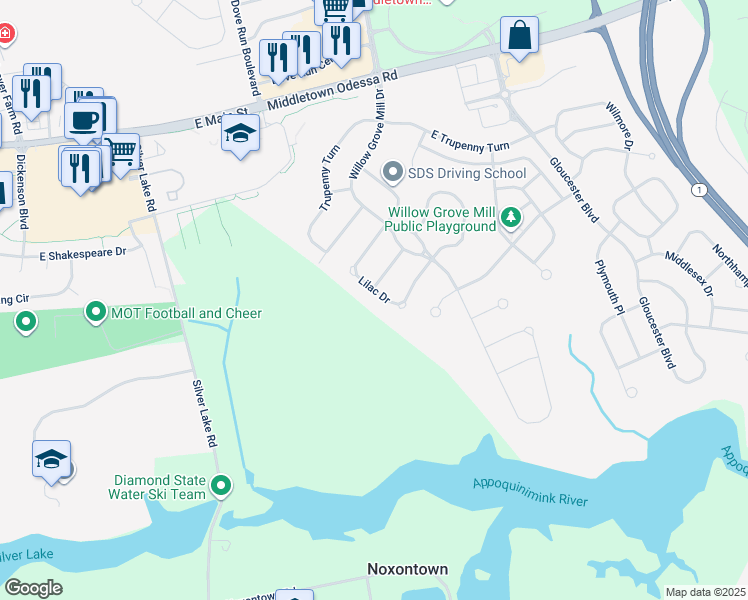 map of restaurants, bars, coffee shops, grocery stores, and more near 522 Lilac Drive in Middletown