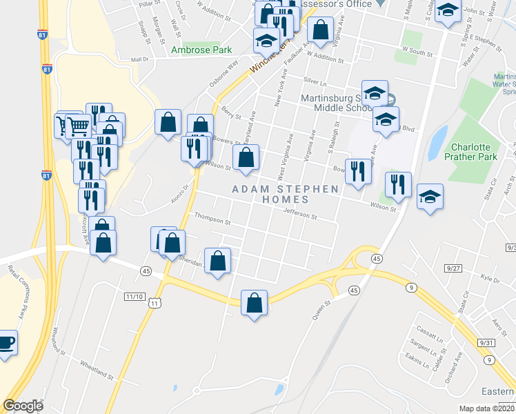 map of restaurants, bars, coffee shops, grocery stores, and more near 1200 New York Avenue in Martinsburg