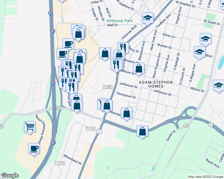 map of restaurants, bars, coffee shops, grocery stores, and more near 1019 Winchester Avenue in Martinsburg