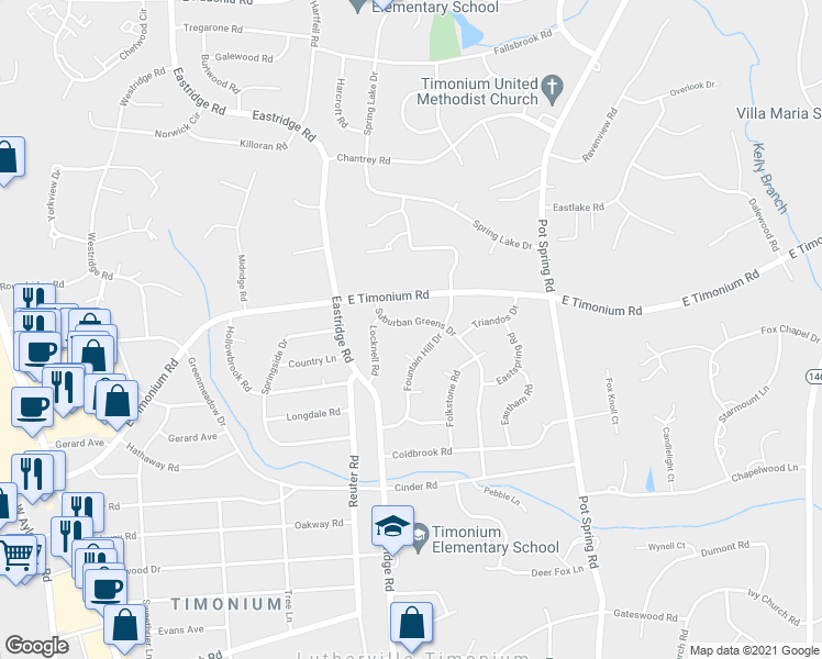 map of restaurants, bars, coffee shops, grocery stores, and more near 2144 Suburban Greens Drive in Lutherville-Timonium