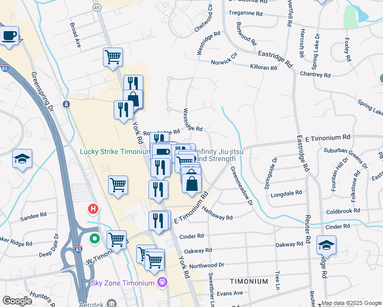 map of restaurants, bars, coffee shops, grocery stores, and more near 36 Greenmeadow Drive in Lutherville-Timonium