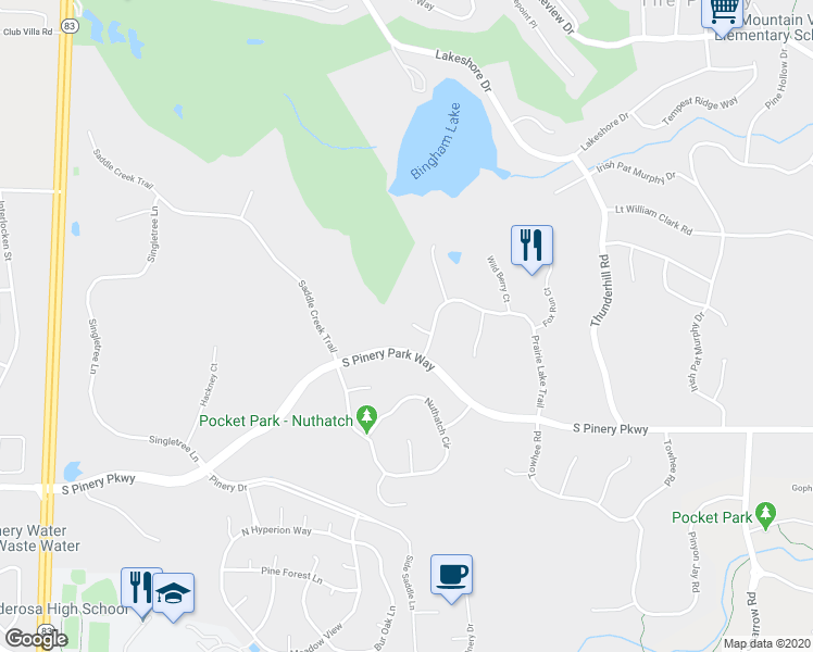 map of restaurants, bars, coffee shops, grocery stores, and more near 7530 Crooked Oak Court in Parker