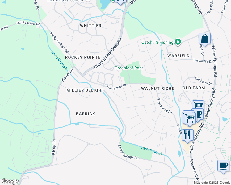 map of restaurants, bars, coffee shops, grocery stores, and more near 2609 Emerson Drive in Frederick