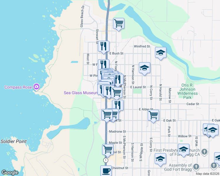 map of restaurants, bars, coffee shops, grocery stores, and more near 116 East Laurel Street in Fort Bragg