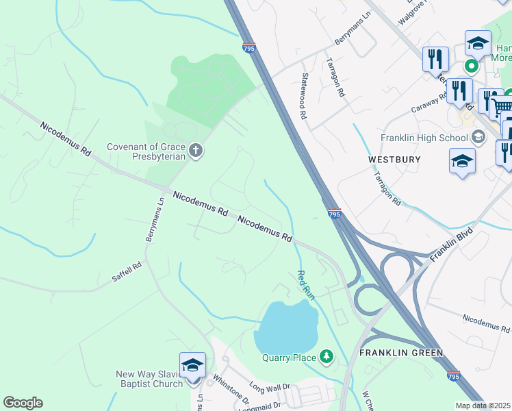 map of restaurants, bars, coffee shops, grocery stores, and more near 308 Chamborley Drive in Reisterstown