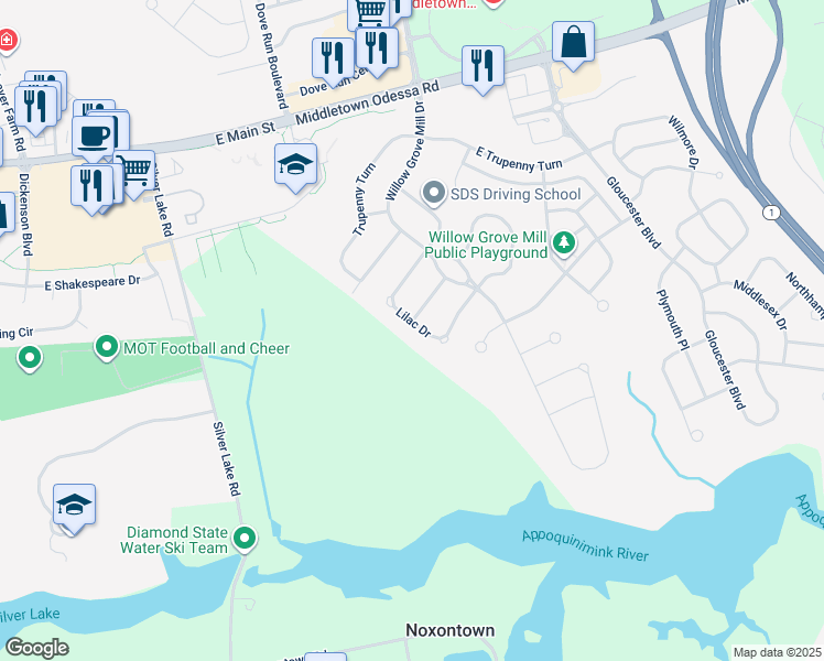 map of restaurants, bars, coffee shops, grocery stores, and more near 522 Lilac Drive in Middletown