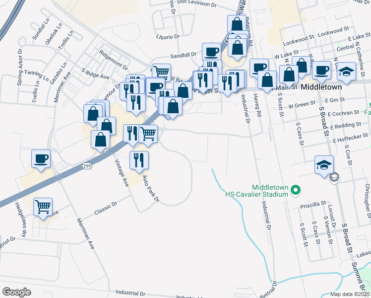 map of restaurants, bars, coffee shops, grocery stores, and more near Diamond Street Boulevard in Middletown