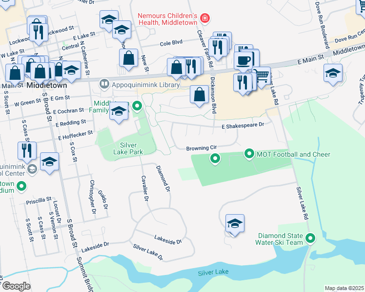 map of restaurants, bars, coffee shops, grocery stores, and more near 46 Browning Circle in Middletown