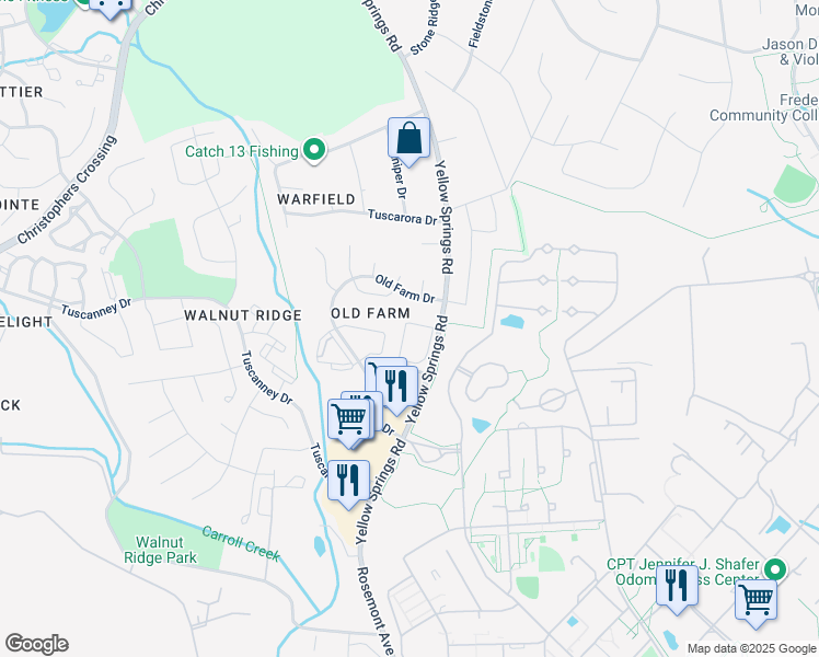 map of restaurants, bars, coffee shops, grocery stores, and more near 2119 Bristol Drive in Frederick