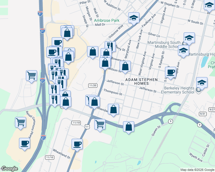 map of restaurants, bars, coffee shops, grocery stores, and more near 1018 Winchester Avenue in Martinsburg