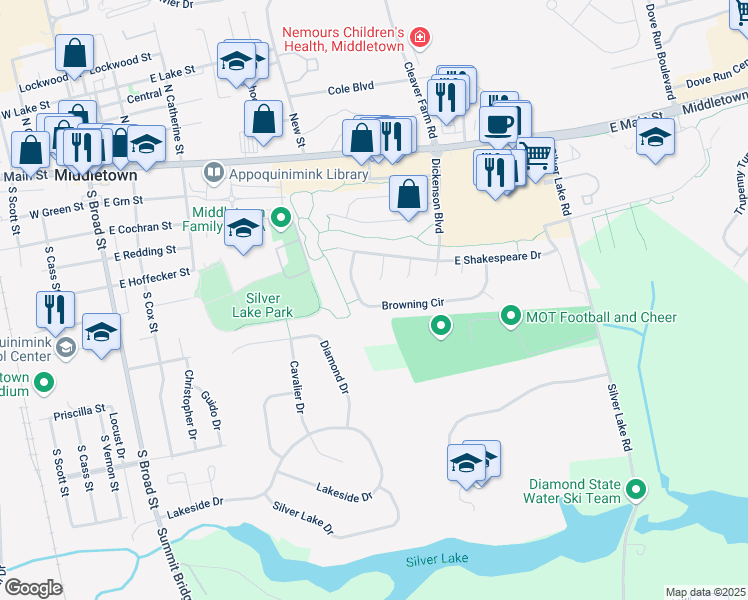 map of restaurants, bars, coffee shops, grocery stores, and more near 46 Browning Circle in Middletown