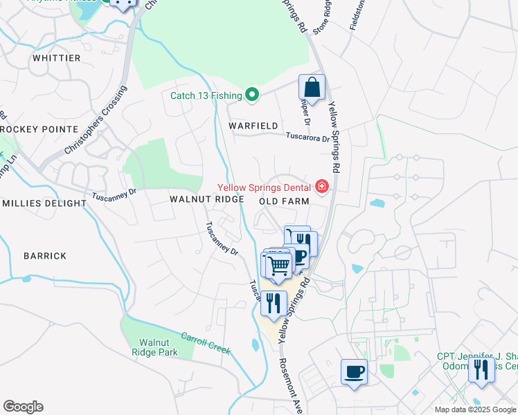 map of restaurants, bars, coffee shops, grocery stores, and more near 2157 Wainwright Court in Frederick