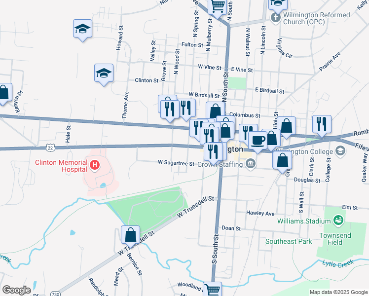 map of restaurants, bars, coffee shops, grocery stores, and more near 188 West Main Street in Wilmington