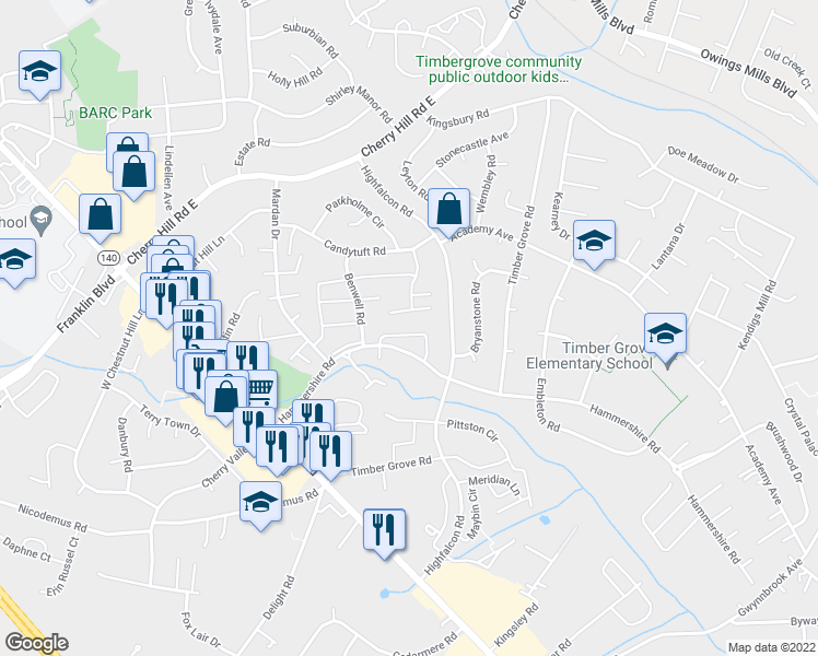 map of restaurants, bars, coffee shops, grocery stores, and more near 34 Ewing Drive in Reisterstown