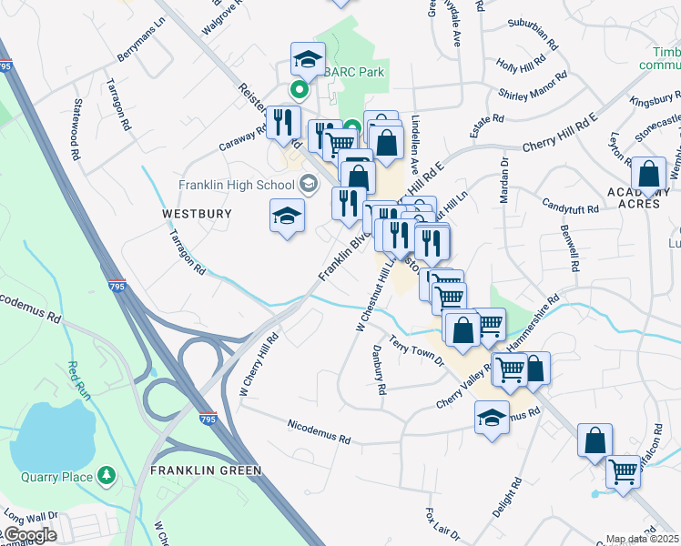 map of restaurants, bars, coffee shops, grocery stores, and more near 11820 Maren Court in Reisterstown