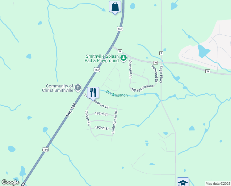 map of restaurants, bars, coffee shops, grocery stores, and more near 213 Mulberry Lane in Smithville
